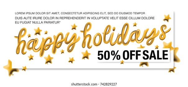 Happy Holidays. Sale banners with gold typography isolated on white background. Glossy and chic vector illustrations. 