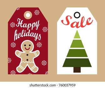 Happy holidays sale labels hanging promo stickers with gingerbread boy and abstract New Year tree vector illustration ready to use adverts