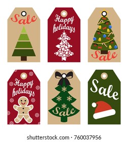 Happy holidays sale labels promo stickers with gingerbread boy, Santa Claus hat and abstract New Year trees vector illustration ready to use adverts