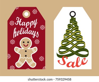 Happy holidays sale vector illustration ready to use adverts. Labels hanging promo stickers gingerbread boy on snowflakes and abstract New Year tree