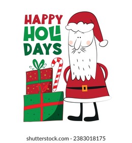 Happy Holidays - Santa Claus with Christmas presents and cany cane.
Good for greeting card, textile print, label and other gift design.