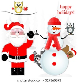 "Happy Holidays" Santa with Snowman and Woodland Animals on White Scene