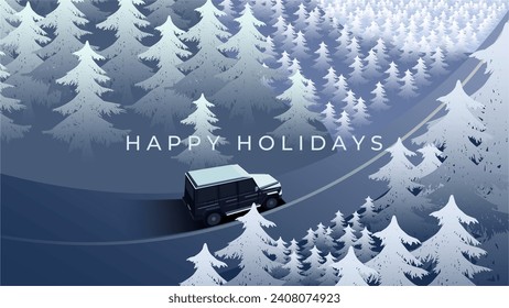 Happy Holidays scenery illustration. Road trip vacation by car deep into frost pine woods. Frost pine woods mountain vector. Fit for banners, posters, backgrounds, advertisements and wallpaper.