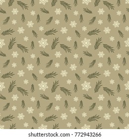 Happy Holidays. Seamless background with fir branches and snowflakes. Pattern.