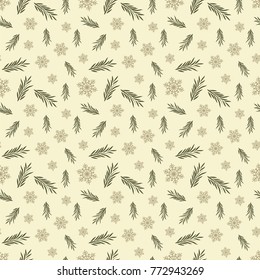 Happy Holidays. Seamless background with fir branches and snowflakes. Pattern.