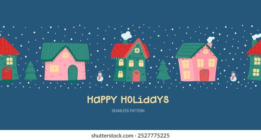 Happy holidays. Seamless horizontal pattern. Cute winter houses. Decorated houses on the background of falling snow, fir trees and a snowman. Vector illustration in a flat style.