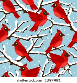 Happy holidays seamless pattern with birds red cardinal.