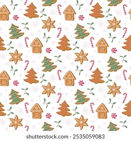 Happy holidays seamless pattern. Christmas background with traditional gingerbread cookies and sweets. Vintage print with xmas festive food and decor. Hand drawn flat design vector illustration. 