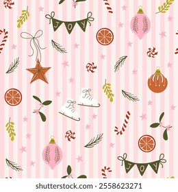 Happy holidays seamless pattern. Christmas ornament on striped retro backdrop.  Cute Xmas symbols. Hand drawn flat design vector illustration.
