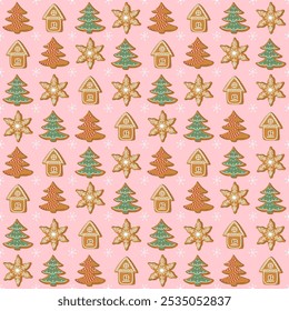 Happy holidays seamless pattern. Festive gingerbread background with traditional Christmas cookies. Vintage print with xmas pastry. Hand drawn flat design vector illustration.