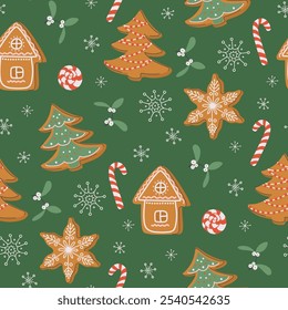 Happy holidays seamless pattern. Festive gingerbread background. Traditional Christmas cookies and sweets. Cute decorative mistletoe and snowflakes. Hand drawn flat design vector illustration.
