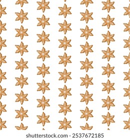 Happy Holidays seamless pattern. Gingerbread background with traditional Christmas cookies. Cute glazed snowflakes pastry shapes. Hand drawn flat design vector illustration.
