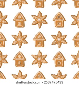 Happy Holidays seamless pattern. Gingerbread background with traditional Christmas cookies. Cute glazed pastry, snowflake and house shapes. Hand drawn flat design vector illustration.
