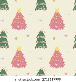 Felices fiestas sin fisuras patrón moderno abstracto western bimbo rosa y verde árbol olmos y decoraciones de moda conjunto femenino. Estilo escandinavo minimalista estampado pastel. Diseño nórdico para interior y exterior