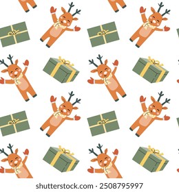 Happy Holidays seamless pattern with reindeer. Cute childrens animal background for winter holiday. Deer with fir tree traditional xmas pattern with cartoon hand drawn character.