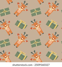 Happy Holidays seamless pattern with reindeer. Cute childrens animal background for winter holiday. Deer with fir tree traditional xmas pattern with cartoon hand drawn character.