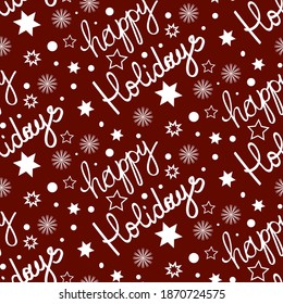 happy holidays seamless vector pattern, lettering with stars and snowflakes, red background, Christmas holidays print