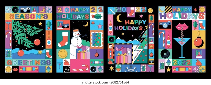 Happy Holidays! Season Greetings Abstract Mosaic Illustrations, Christmas and New Year Attributes