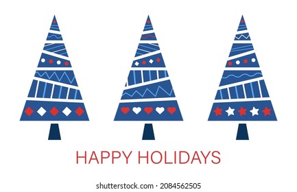 Happy holidays. Set of abstract colored Christmas trees. Postcard design with geometric motifs. Vector illustration in flat style