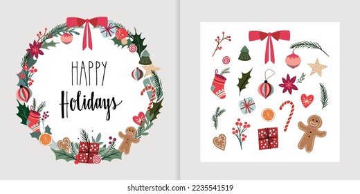 Happy Holidays set Christmas greeting card with winter wreath and seasonal elements