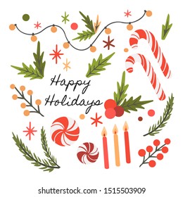 Happy Holidays set. Flat style cute hand drawn vector elements isolated on white. Illustration with candy canes, festive lights and mistletoe