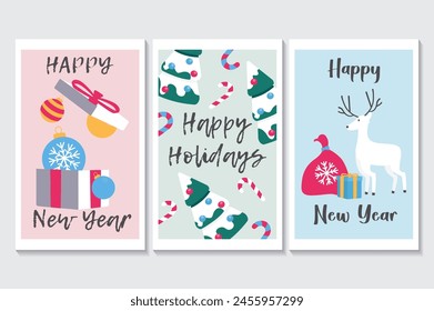 Happy holidays set of posters in flat cartoon design. The three posters feature winter holiday decorations such as presents, Christmas trees and Santa's reindeer. Vector illustration.