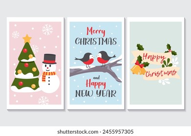 Happy holidays set of posters in flat cartoon design. The three posters feature cute elements such as a snowman and bullfinch, which show us the beauty of winter. Vector illustration.