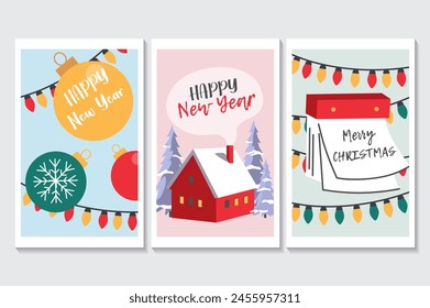 Happy holidays set of posters in flat cartoon design. This illustration features three posters decorated with Christmas decorations and garlands that match perfectly. Vector illustration.