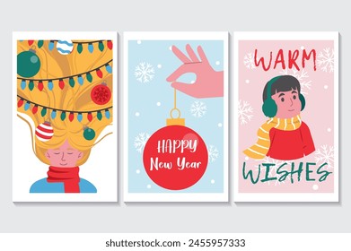 Happy holidays set of posters in flat cartoon design. Illustration of three posters, each filled with winter elements such as garlands, Christmas tree toys and snow. Vector illustration.