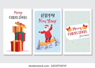 Happy holidays set of posters in flat cartoon design. Three posters filled with atmospheric elements of winter holidays, gifts, Santa Claus and wishes. Vector illustration.
