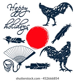Happy holidays set with roosters, fans, eggs and feathers