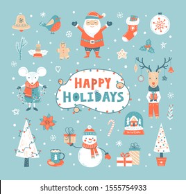 Happy holidays set with vector hand drawn Mouse, Santa Claus, Deer, Snowman, Gifts,  Xmas tree, Holiday elements, Lettering. Christmas and Happy New Year element
