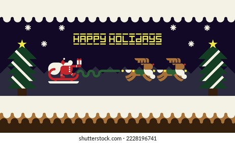 Felices vacaciones diseño plano simple ilustración vectorial de fondo, Santa Claus, reno, árbol de Navidad, bosque, nieve