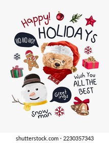 happy holidays slogan with cute bear doll and snowman in Christmas theme vector illustration