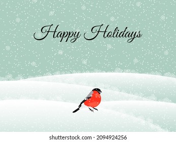 Happy Holidays. Snow falls and forms snowdrifts on which the bullfinch bird sits. New Year card with copy space on a blue background. Festive Christmas banner. Vector.