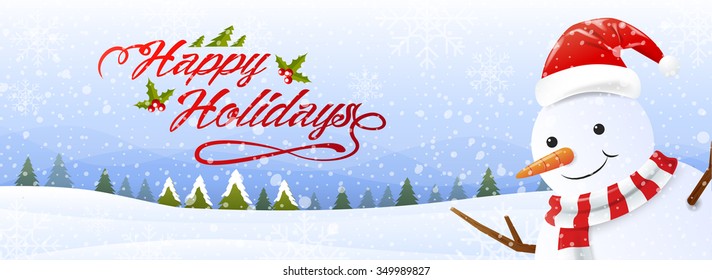 happy holidays, snowman,snowfall, landscape background, vector illustration