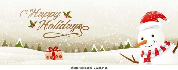 happy holidays, snowman,snowfall, landscape background, vector illustration