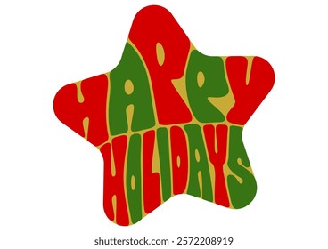 Happy Holidays star shaped typography. Vector illustration. Retro pop design. Star pattern with red and green lettering. White background.