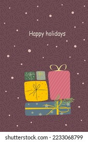 Happy Holidays template with gift boxes. Trendy style. Vector design element
