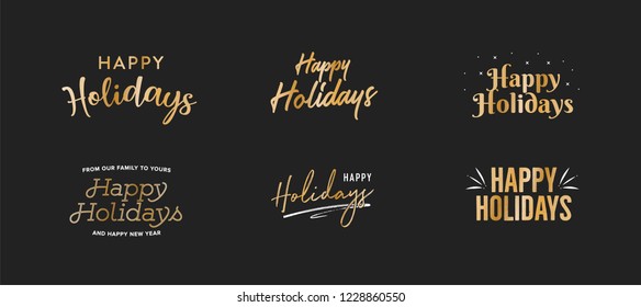 Happy Holidays Text, Happy Holidays Background, Christmas Text, Merry Christmas Text, Holiday Vector Text, Gold Vector Holiday Isolated Illustration