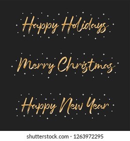 Happy Holidays Text Background, Merry Christmas, Happy New Year, Vector Text with Stars and Dots, Greeting Card Set Illustration Background