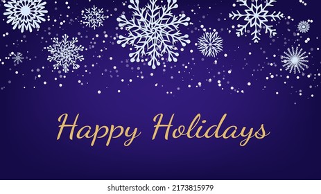 Happy Holidays text on dark purple background with paper snowflakes. Christmas winter design. Magic nature fantasy snowfall texture decoration. Vector illustration