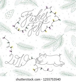 Happy Holidays Text on German Vector Pattern. Seamless winter vector background 2019 with happy pig, spruce, snowflakes and christmas lights
