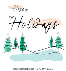 Texto de felices fiestas en un dibujo estético de fondo de invierno con líneas negras 