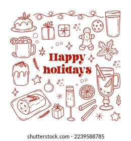 Happy holidays text with traditional Christmas food and drink illustration in doodle style red color