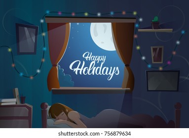 Happy Holidays Text In Window From Bedroom With Sleeping Girl Christmas And New Year Banner Flat Vector Illustration