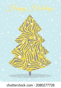 Happy Holidays. Tiger striped Christmas tree in yellow and gray on a blue background with snow. Modern New Year card in flat style. Vector.