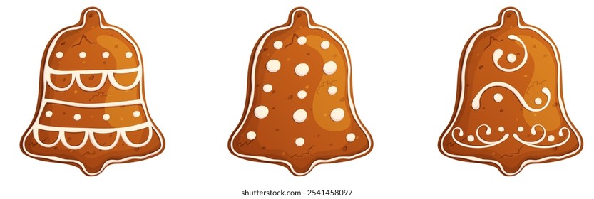 Happy holidays traditional homemade bakery. Gingerbread christmas bell ornate with cream. 