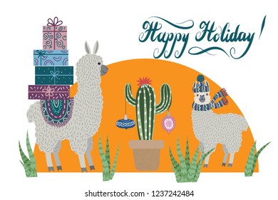 happy holidays, two lovely lamas with gifts for Christmas, cacti with Christmas decorations and lettering. Flat doodle vector illustration for design cards and banners.