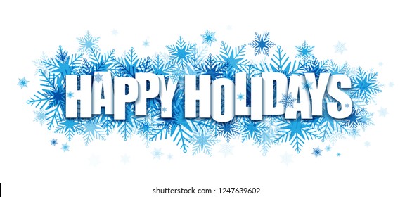 HAPPY HOLIDAYS typography banner on blue snowflakes